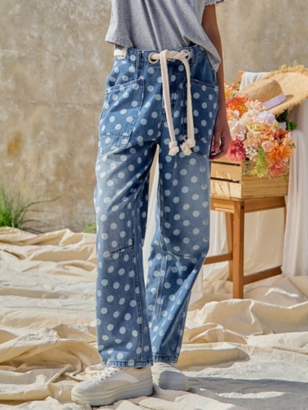 "The Harmony" Polka Dot Printed Denim Pants With Waist Belt - Picture 2 of 8